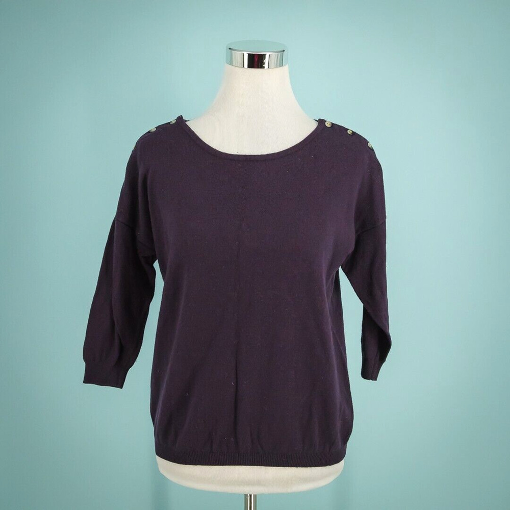 Boden Size 6 Eggplant Purple Button Crew 3/4 Sleeve Cotton Cashmere Sweater